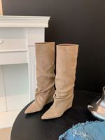 Bottes d'équitation montantes en cuir véritable à bout pointu et talon compensé pour l'hiver