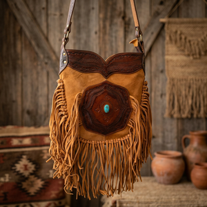 Bolso Bandolera de Cuero Genuino con Flecos, Hecho a Mano, Estilo Boho para Mujer, con Flores, Cierre de Cremallera, Detalles en Turquesa - Product Image 2