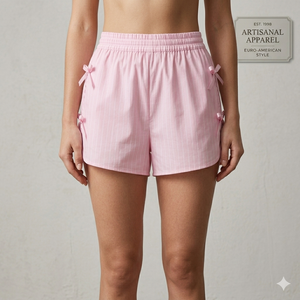 Wholesale Apparel <b>Women's</b> Pink Striped Oxford <b>Shorts</b> With Bow Details High Waist Breathable Regular <b>Short</b> <b>Women</b> - Product Image 1