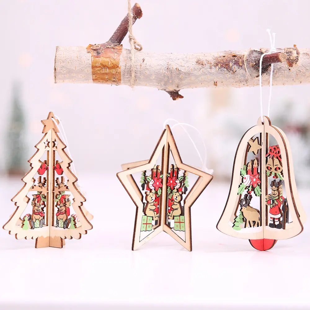 Noel ağacı ahşap dekorasyon el yapımı 3D içi boş Jingle Bell beş yıldızlı noel ağacı kolye tatil aile kapalı süs