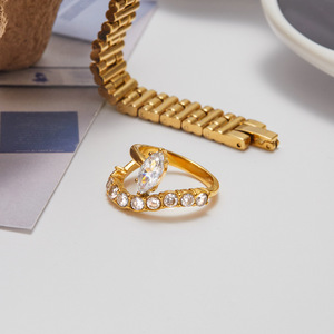 MW 18K Gold-Plated Zircon Classic Trendy Horse Eye Zircon Round Zircon Double Layer <strong>Ring</strong> Stainless Steel <strong>Rings</strong> <strong>Adjustable</strong> - Product Image 4
