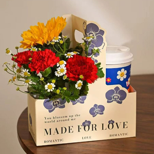 Panier à fleurs simple avec deux tasses à café, arrangement floral, matériel de bricolage floral, bouquet, boîte cadeau avec poignée - Product Image 5