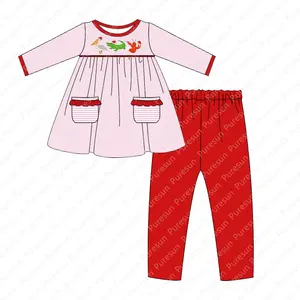 キッズケイジャンクリスマス服ピンクストライプフリルチュニック、レッドレギンスセット子供用ザリガニスモックブティックコットン衣装