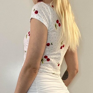 Sweet Style Women's Round Neck T-Shirt Slim Fit Cute <strong>Cherry</strong> Polka Dot Printed Casual Knitted <strong>Top</strong> - Product Image 5