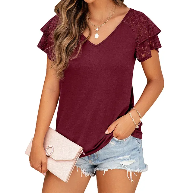 Custom Designs Mulheres Double Lace Sleeve Shirts V Neck Loose Tops Feminino Casual Moda Tops Alta Qualidade Ladies Chic Blusa