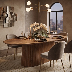 Mesa de Comedor Ovalada de Madera Moderna, Ecológica e Impermeable, con Base Acanalada y Capacidad para Seis Personas, para Uso en el Hogar - Product Image 1