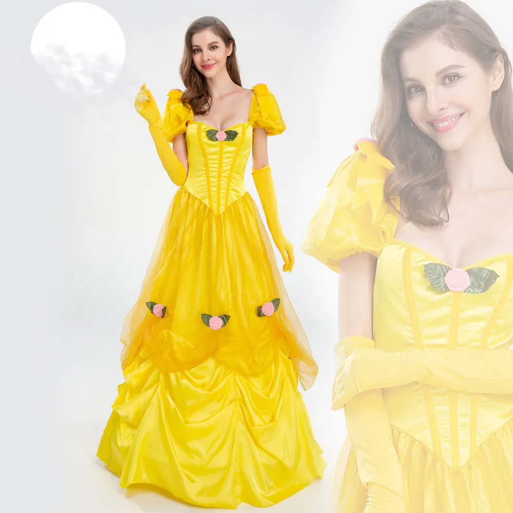 Fashion Princess Belle Yellow Cosplay Costume For Adult Deluxe Halloween Masquerade Party Princess Fancy Dress