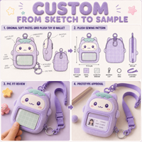 Porte-cartes PVC personnalisé ODM en peluche, jouet en peluche, mascotte, avec clip de lanière, motif quadrillé pastel doux, portefeuille d'identification, vente en gros premium