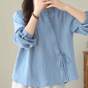 Sky Blue Cotton Linen Shirt Women Long Sleeve Loose Fit Tie Front Blouse Autumn Everyday Wear - Product Image 1