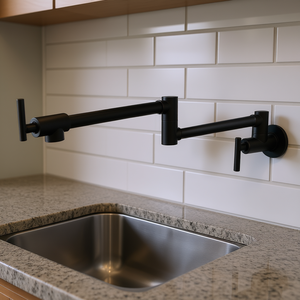 Grifo de cocina negro mate, montado en la pared, de doble manija, moderno, de latón, con brazo oscilante plegable, para hoteles - Product Image 2