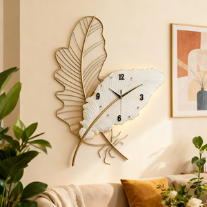 Horloge murale décorative créative en métal <span class=keywords><strong>de</strong></span> luxe, motif Ginkgo, à mouvement à quartz, pour salon, style élégant - Product Image 1