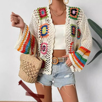 Cardigan en crochet à manches longues, style vintage, fin, bohème, coloré, fait main, pour femme, collection automne, transfrontalier