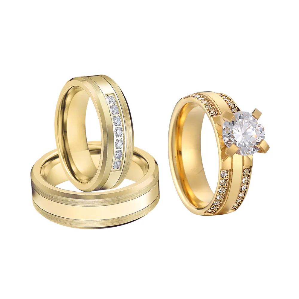 カップルのためのクラシックな3個の結婚式の婚約指輪セットラブアライアンス24kゴールドメッキ女性ジュエリーリングバグenまたは