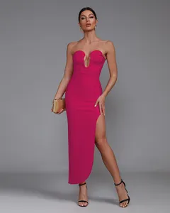 Ocstrade Luxury Evening Dresses 2024 Sleeveless V Neck Maxi Thigh Split Dress Rose Pink Party Evening Woman Dress Autotest K007