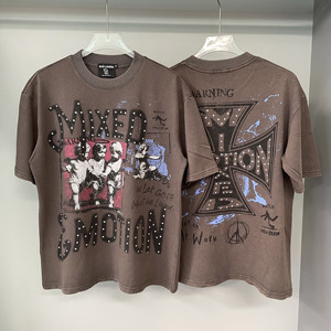 New <b>Top</b> Quality Heavyweight 100% Cotton Mixed EMOTION In Stock American trendy Loose Casual Hip Hop Vintage T-shirt for Men - Product Image 1
