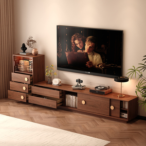Meuble TV en noyer de style Mid-century moderne avec poignées rondes en bois, buffet de rangement grande capacité pour projets résidentiels - Product Image 2