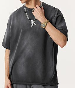 Men's Regular Fit Drop Shoulder Washed Spray Stone T Shirt Summer American Plain Roll Cuff Short Sleeve Plus 100% Cotton Woven - Product Image 1