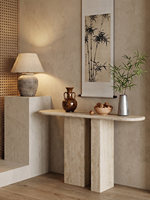 Table console en travertin naturel personnalisable, faite à la main, forme organique, table console en pierre beige pour hôtel