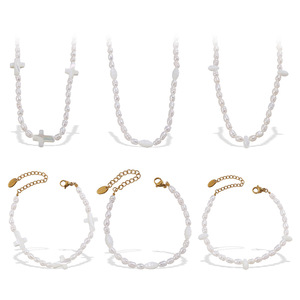 Freshwater Pearl Necklace <b>Set</b> With Cross Pendant Imitation Pearl Women's Fashion Jewelry Stainless Steel 18K Gold Plated - Product Image 5