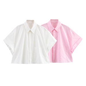 PB & ZA femmes 2025 été Chic hauts nouvelle mode popeline Blouses courtes avec Vintage Style décontracté solide tissé motif manches courtes - Product Image 1