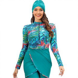 ชุดว่ายน้ำมุสลิมแบบเต็มตัวพิมพ์ลายคัลเลอร์บล็อก ดีไซน์ใหม่ พร้อมซิป สำหรับผู้หญิงมุสลิม ป้องกันแสงแดด UPF50+ ผลิตจากผ้าสแปนเด็กซ์/โพลีเอสเตอร์ แบบยาว - Product Image 3