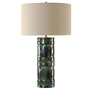 Emerald Green Carved Ceramic & Bronze Modern Rustic Table Lamp | Organic Sophisticated Lighting for Resort Hotel & Home - Product Image 1