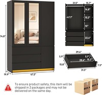 Armoire moderne en bois noir à 3 portes avec portes coulissantes, tiroirs, miroir, tringle à vêtements et éclairage LED RGB pour chambre à coucher