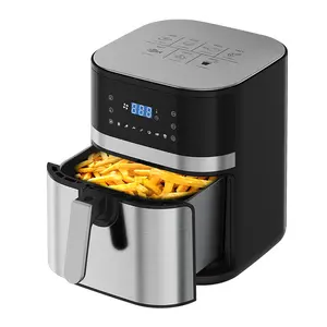 8L Black Stainless Steel Air Fryer 1800W LCD Display Touch Control Easy Clean Detachable Oil Container Square Shape Household