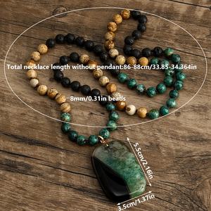 Collar largo anudado a mano con piedra de viruta de piedra natural verde-negra, collar con Colgante de Piedra cuadrada negra-verde - Product Image 5