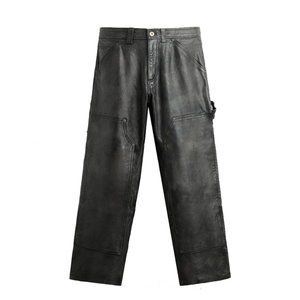 Pantalon en cuir délavé style streetwear pour homme, coupe décontractée taille haute ample et baggy - Product Image 2