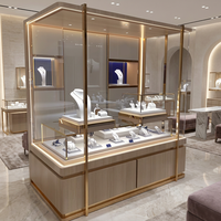 Vitrine de présentation de bijoux en bois et or de luxe avec éclairage LED, vitrine en verre commerciale pour magasin de détail haut de gamme