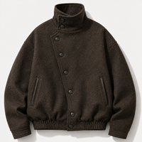 Blouson Bomber en Laine Personnalisé pour Homme, Style Streetwear Marron Oversize, Boutons Asymétriques, Col Montant, Fabrication OEM Marque Privée
