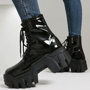 Big Size 44 Women Lace up Ankle Boots Wide Fit Low High Chunky <b>Heels</b> Thick Sole Platform Shoes Patent Short Booties - Product Image 4