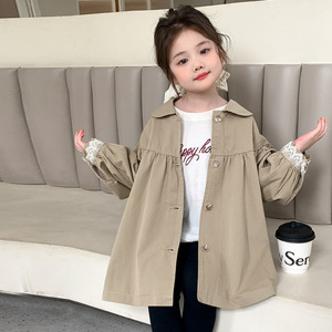 Cappotto Trench in Misto Cotone Tinto in Capo di Media Lunghezza per l'Autunno, Nuovo Stile 2026, Moda Coreana Trendy per Bambine - Product Image 1