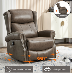 Sillón Reclinable Manual con Masaje Térmico, Función de Balanceo y Giro, en Cuero Genuino, Resistente y Suave, para Sala de Estar o Villa - Product Image 1