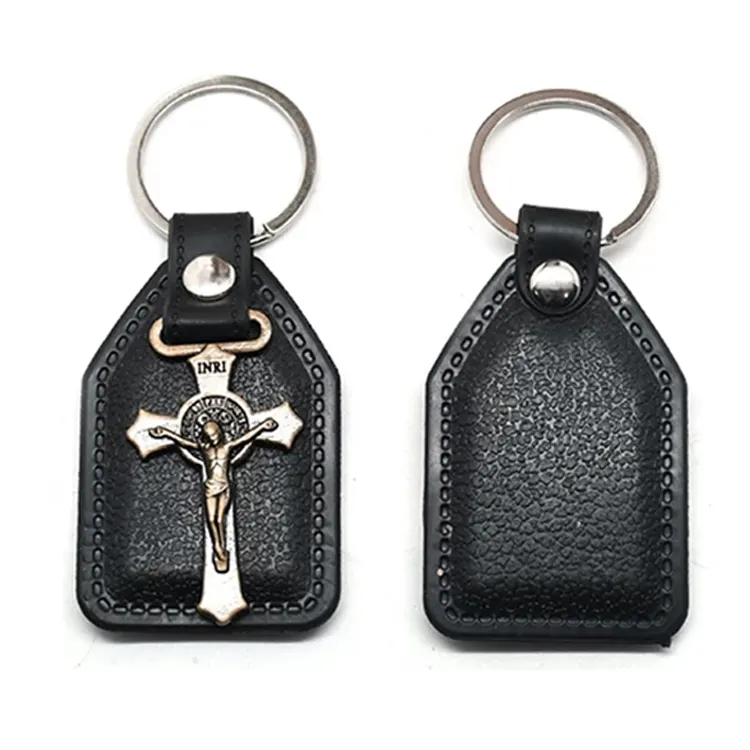 Custom 3D Vintage Christian Icon Bronze Our Lady of Guadalupe Virgin Mary Christ Jesus Crucifix Cross Keychain Leather Key Ring
