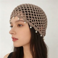 Gorro de punto calado hecho a mano para mujer, gorro de verano transpirable con lentejuelas y perlas, elegante gorro vintage