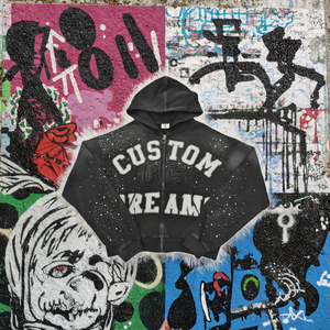 Sweat-shirt à capuche zippé personnalisé pour homme, style streetwear oversize, tricoté, avec logo imprimé pailleté sur le devant, noir - Product Image 2