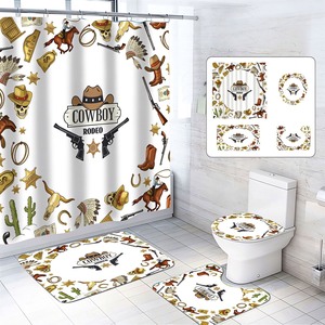 Batı Kovboy Duş Perdesi Çöl Kaktüs Gökkuşağı At Botu Baskı Polyester Banyo Perdesi Halılar Ile Tuvalet Kapağı Kancaları - Product Image 6