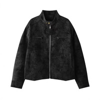 Blouson motard vintage en daim délavé à col montant et fermeture éclair pour homme, style moto gris foncé vieilli