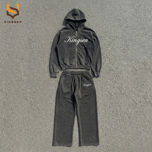 Oversized Heavyweight Tracksuit <b>Set</b> <b>Men</b> Custom Logo Full Zip Cropped Hoodie and Baggy Sweatpants Boxy Fit Fleece Hoodie <b>Set</b> - Product Image 4