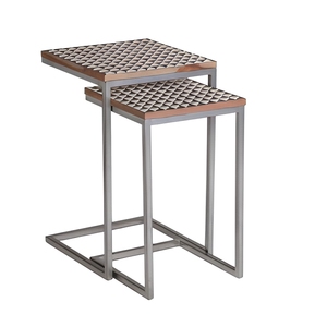 Modern Nesting Side <b>Tables</b> with Wood Bone Inlay Tops Geometric Pattern Metal Frames Living Room Accent Furniture - Product Image 1