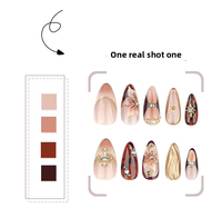 Faux ongles de luxe à presser, motif écaille de tortue, fleurs 3D, courts, forme amande, style French, réutilisables, perles dorées, vente en gros