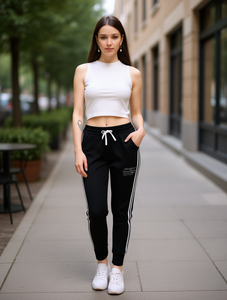 Pantalon tricoté mi-mollet pour femme J810ZR 1, taille mi-haute avec cordon de serrage, coupe droite décontractée, en coton élasthanne, à rayures latérales, motif uni - Product Image 2