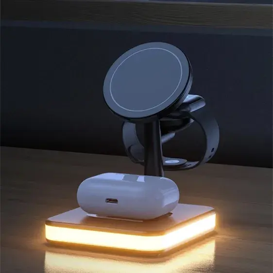 2023 New Upgrade 4 In 1 Fast Wireless Charger Stand Qi Wireless Charger Magnetic With Night Lamp