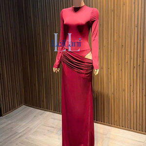 Elegante Vestido Maxi Fruncido de Manga Larga - Vestido de Noche Bodycon Sexy con Aberturas en la Cintura para Mujer de Vietnam - Product Image 4