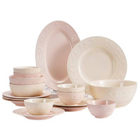 Service de vaisselle en céramique rose à motifs floraux en relief, assiettes, bols, tasses pour la cuisine, les mariages, les douches nuptiales, les fêtes et les occasions spéciales