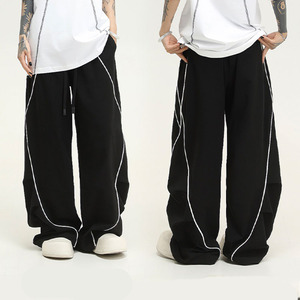 Pantalon de survêtement ample pour homme, rayé, sur mesure par le fabricant, coupe droite, jambe large, taille élastique, 100% coton respirant, décontracté, en molleton - Product Image 1