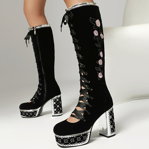 Bottes d'été à découpe avant pour femme, montantes à lacets, plateforme, talons épais, bottines longues sexy à bout rond en daim à motif floral - Product Image 1