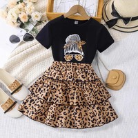 Robe T-shirt à manches courtes pour filles, en coton et mousseline imprimée, avec jupe à volants à trois couches